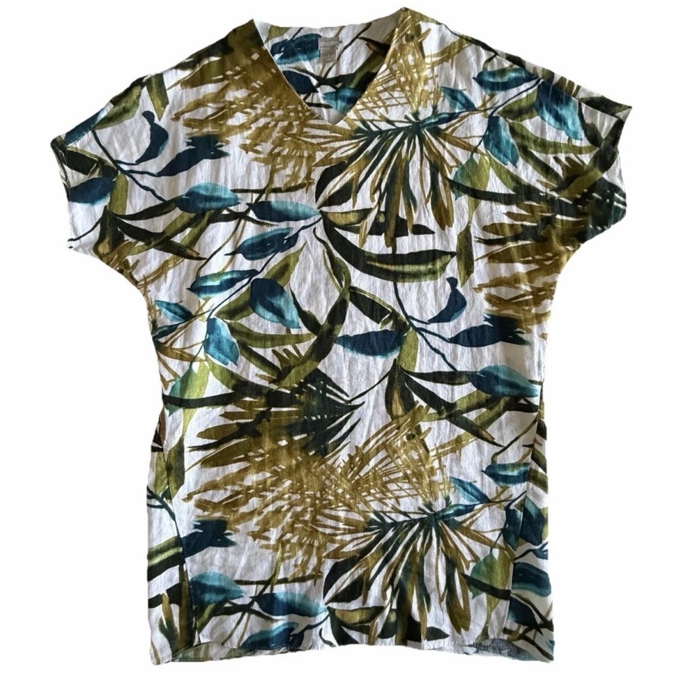 Chico's 2 Tunic Dress Womens 12/14 Floral Linen Short Sleeve Tropical Resort